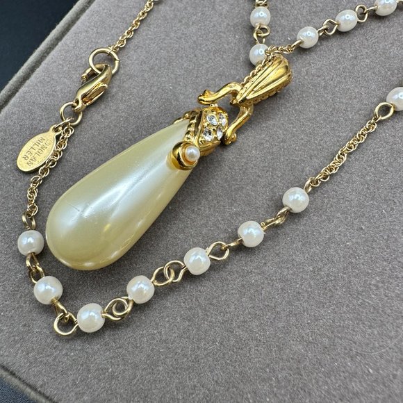Vintage Nolan Miller Glamour Collection Gold Tone Faux Pearl Teardrop Necklace - Picture 2 of 15